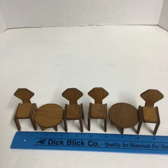Vintage Miniature Wooden Dollhouse Furniture Sets 4 chairs & 2 round Tables - Picture 15 of 15